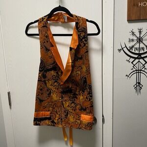 Orange Paisley Tie Back Dress Tuxedo Vest Boho Halloween M/L